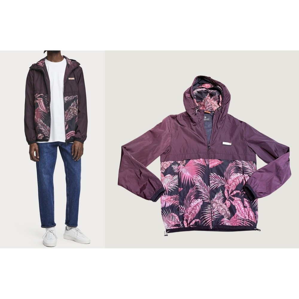 Scotch & Soda Mens Burgundy Tropical Palm Print Hooded Windbreaker Jacket Size M